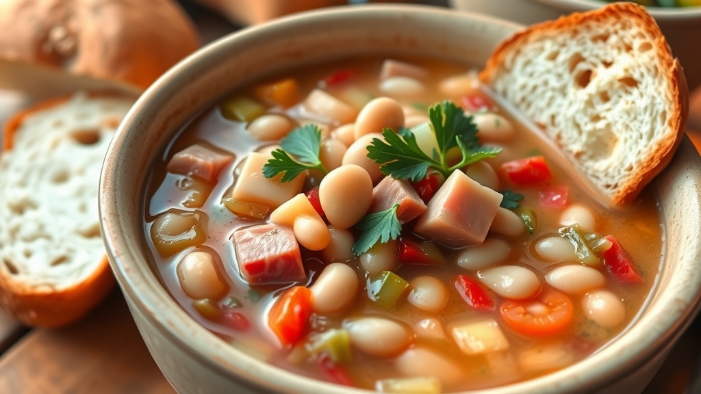 Hearty Ham and Bean Soup Recipe Hearty Ham and Bean Soup with beans, ham, and vegetables in a rustic bowl, garnished with parsley, next to crusty bread.
